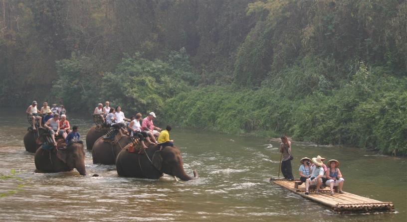 Elefantenritt und eine Bambu Flofahrt durch die Dschungel in Chiang Mai, nord Thailand